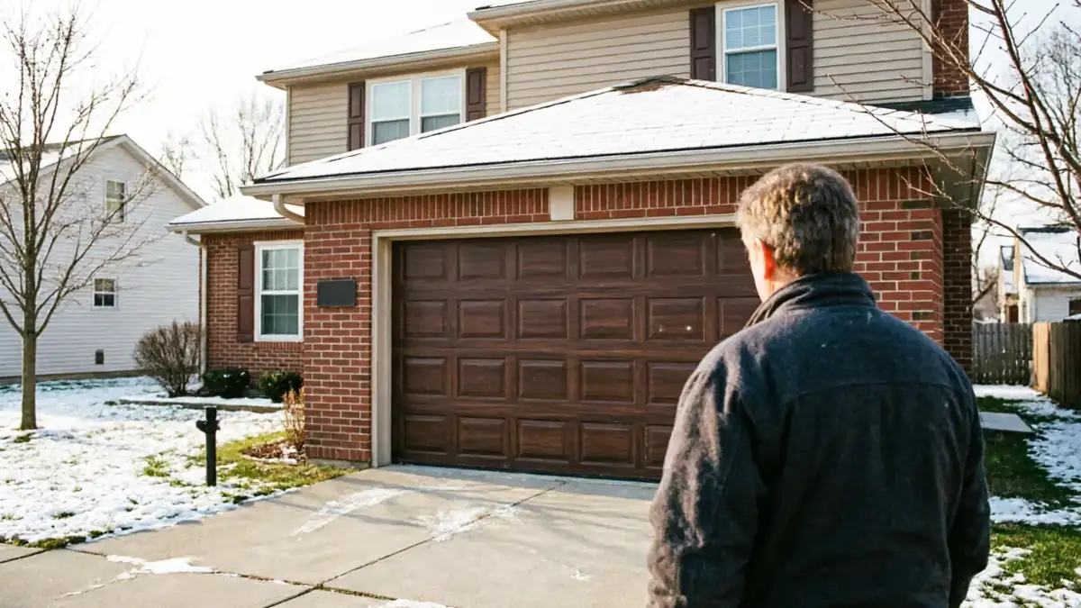 A technician stands in a snowy driveway looking at a brown garage door on a brick house.