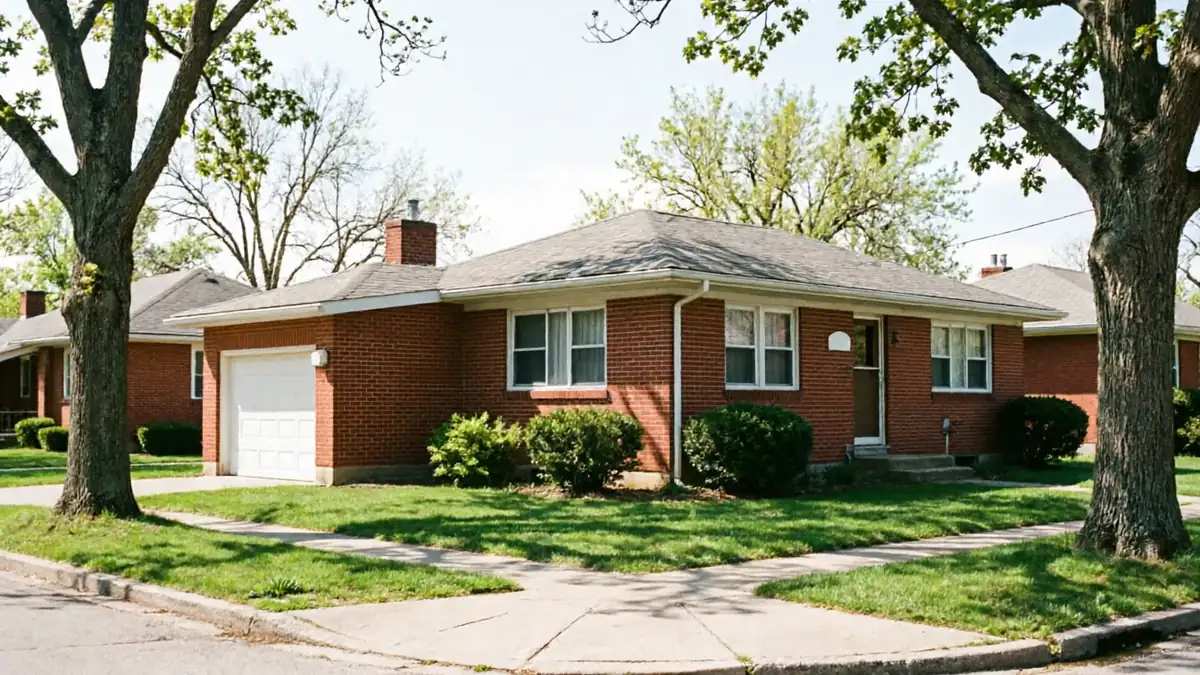 A red brick house with a white garage door and green bushes.