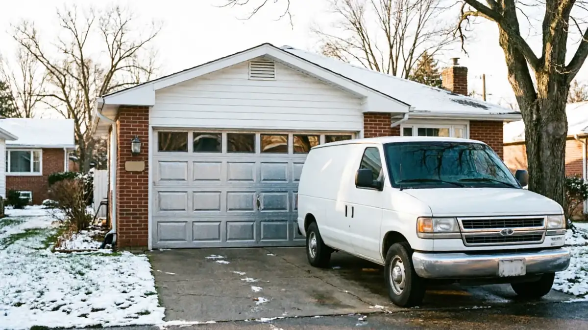 A white service van is parked in a driveway in front of a garage door.