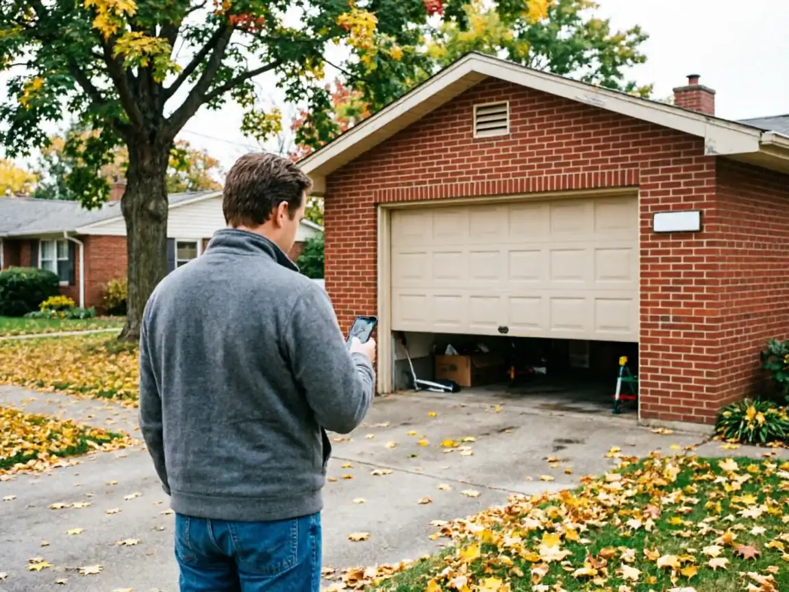 A man stands in a driveway looking at his phone, with a partially open garage door behind him.