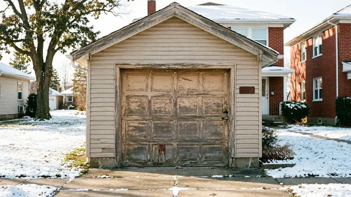 The garage door is old and peeling, with a small hole at the bottom.