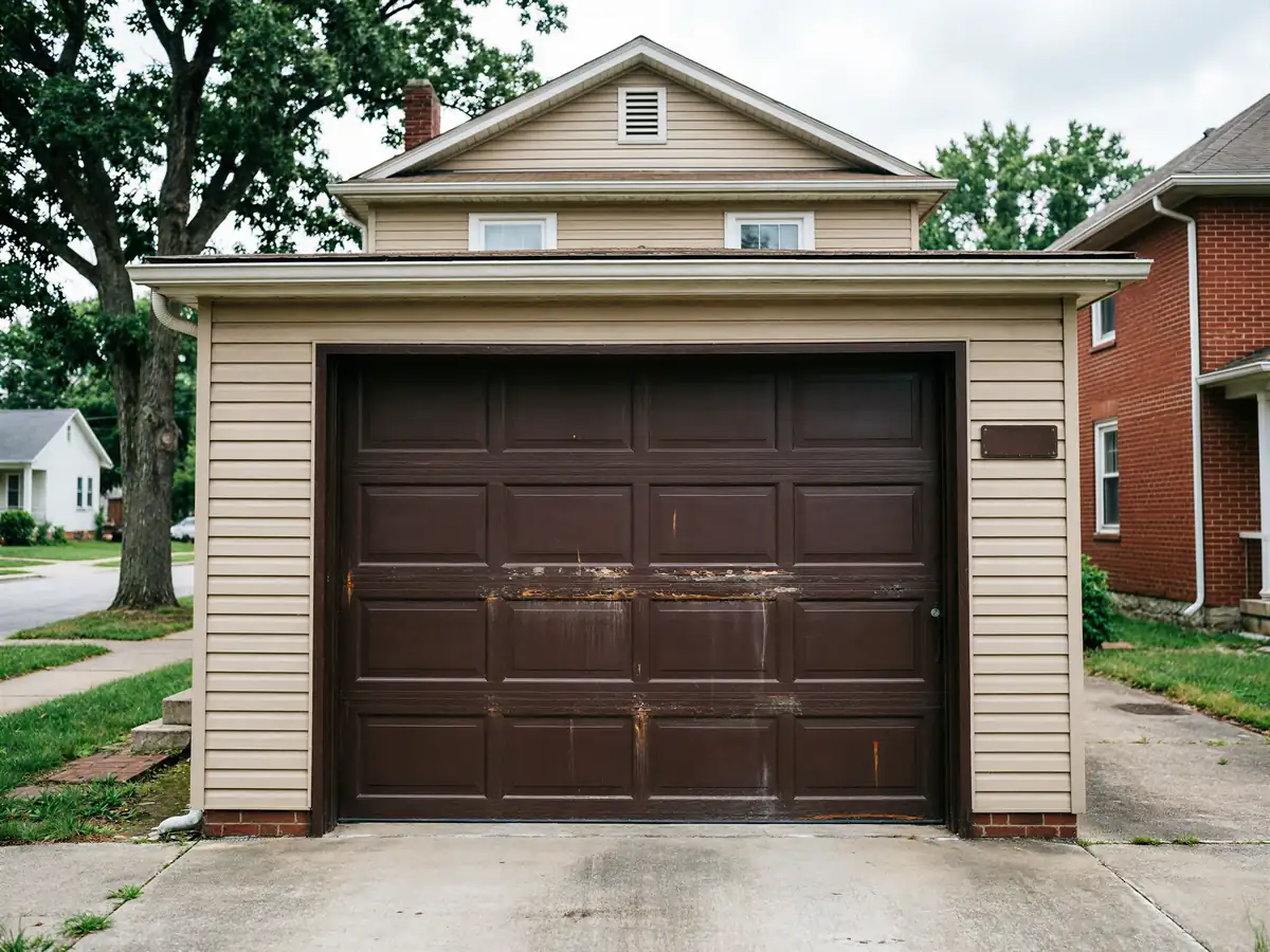 A brown garage door with peeling paint on a beige house.