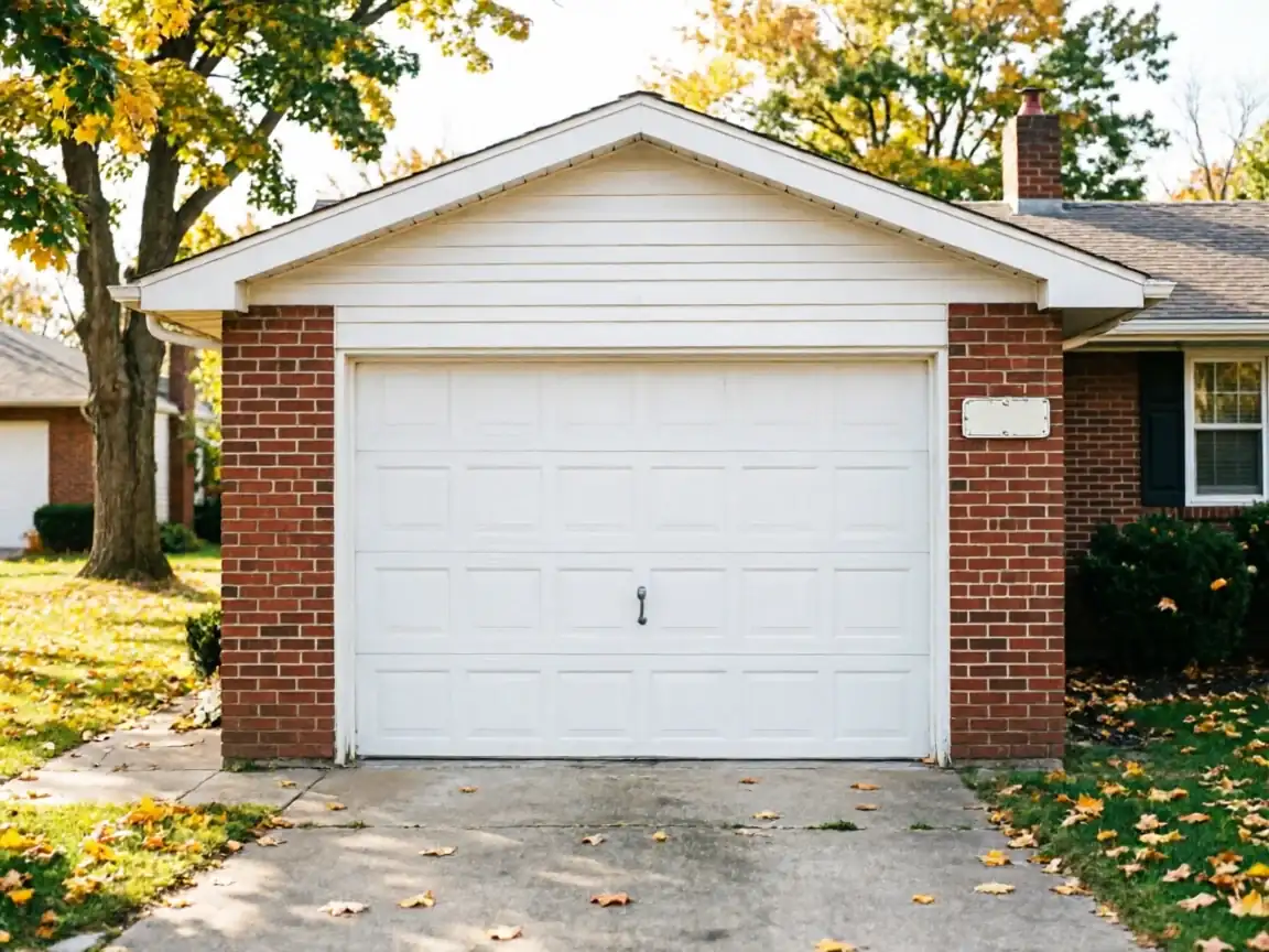 The garage door is white with panels, set in a red brick house.