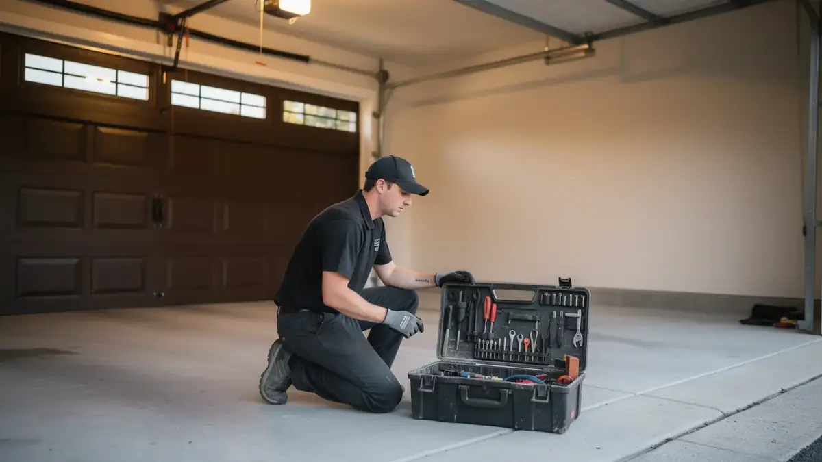 A technician kneels beside an open toolbox in a garage with a brown door.